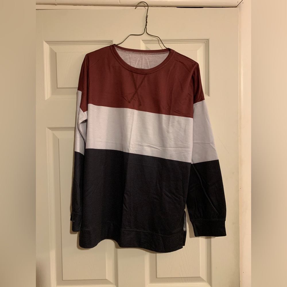Navy, burnt red, off white stripe long sleeve shirt